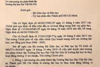 Chính phủ đồng ý chủ trương cho phép lập Trường ĐH Đại Việt Sài Gòn