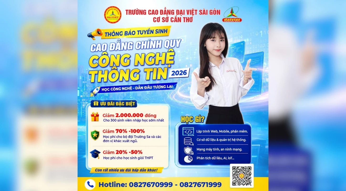 ĐẠI VIỆT CẦN THƠ THÔNG BÁO TUYỂN SINH CAO ĐẲNG CHÍNH QUY NGÀNH CÔNG NGHỆ THÔNG TIN 2026