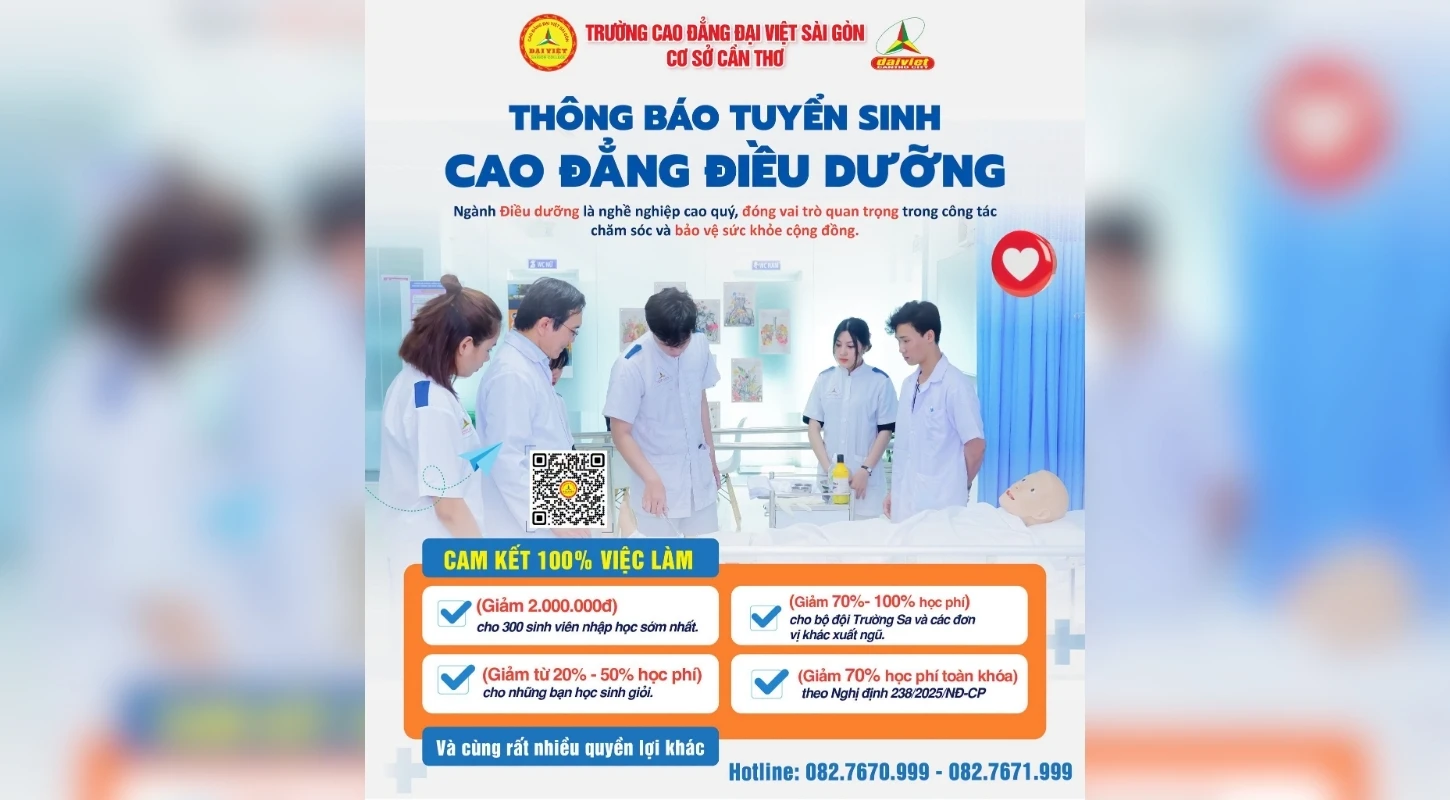 ĐẠI VIỆT CẦN THƠ THÔNG BÁO TUYỂN SINH CAO ĐẲNG ĐIỀU DƯỠNG NĂM 2026