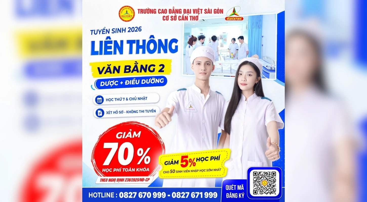 ĐẠI VIỆT CẦN THƠ THÔNG BÁO TUYỂN SINH LIÊN THÔNG - VĂN BẰNG 2 NGÀNH DƯỢC, ĐIỀU DƯỠNG