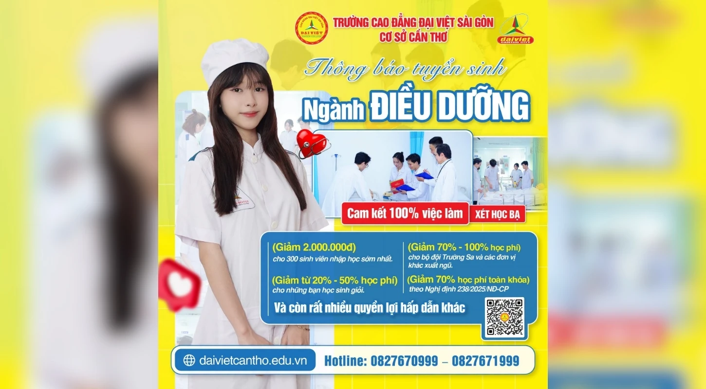 ĐẠI VIỆT CẦN THƠ THÔNG BÁO TUYỂN SINH NGÀNH ĐIỀU DƯỠNG NĂM 2026