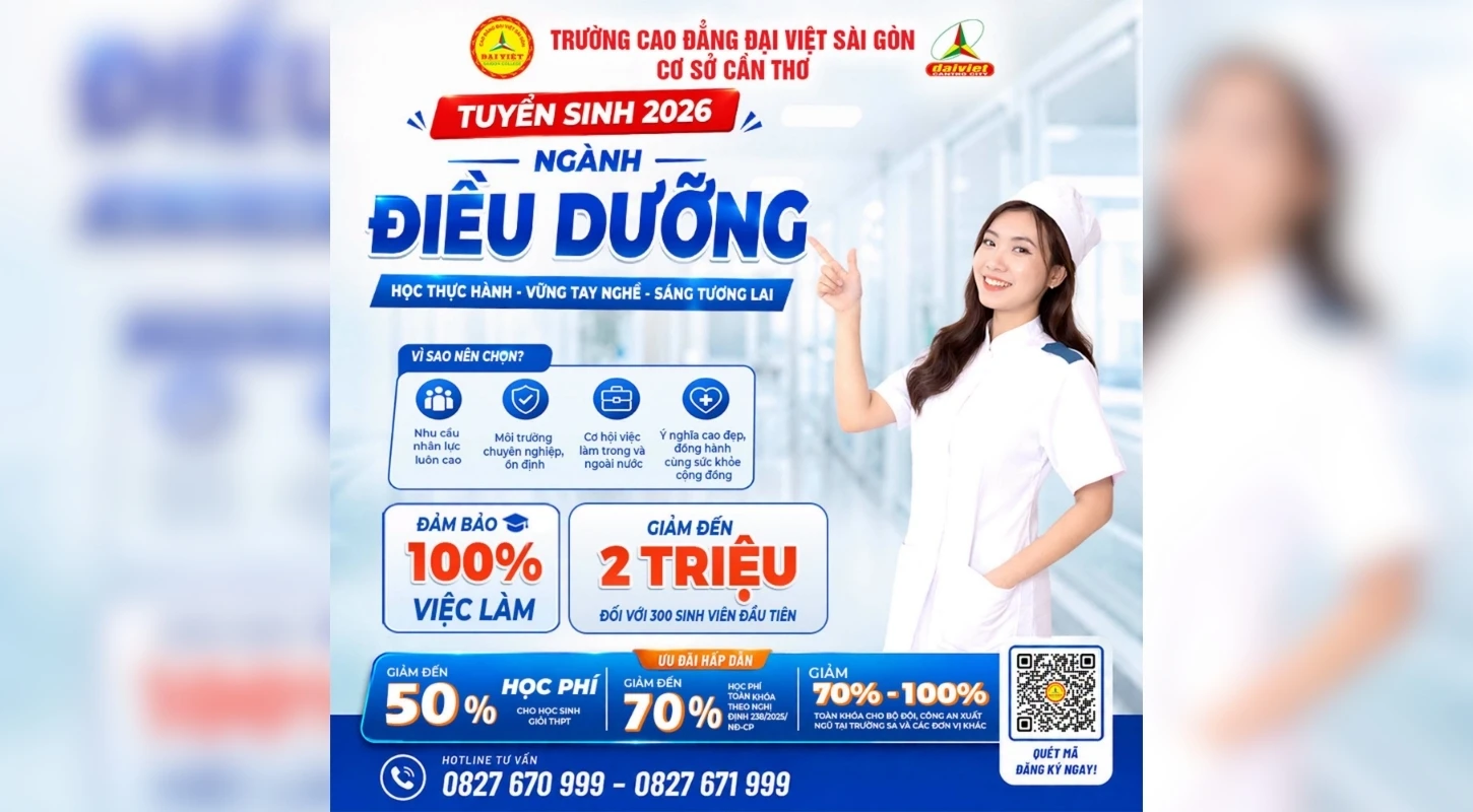 ĐẠI VIỆT CẦN THƠ THÔNG BÁO TUYỂN SINH NGÀNH ĐIỀU DƯỠNG NĂM 2026