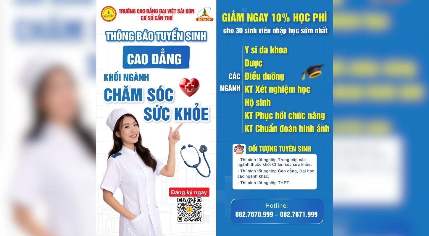 ĐẠI VIỆT CẦN THƠ THÔNG BÁO TUYỂN SINH TRÌNH ĐỘ CAO ĐẲNG KHỐI NGÀNH CHĂM SÓC SỨC KHỎE