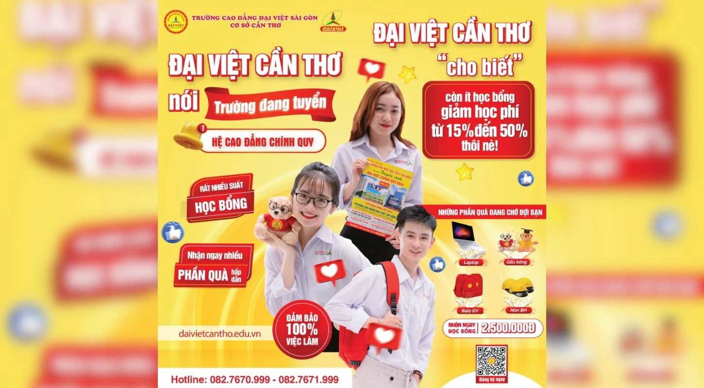 Đại Việt Tp Cần Thơ: Còn Ít Học Bổng Giảm Học Phí 15% - 50% Cho Sinh Viên
