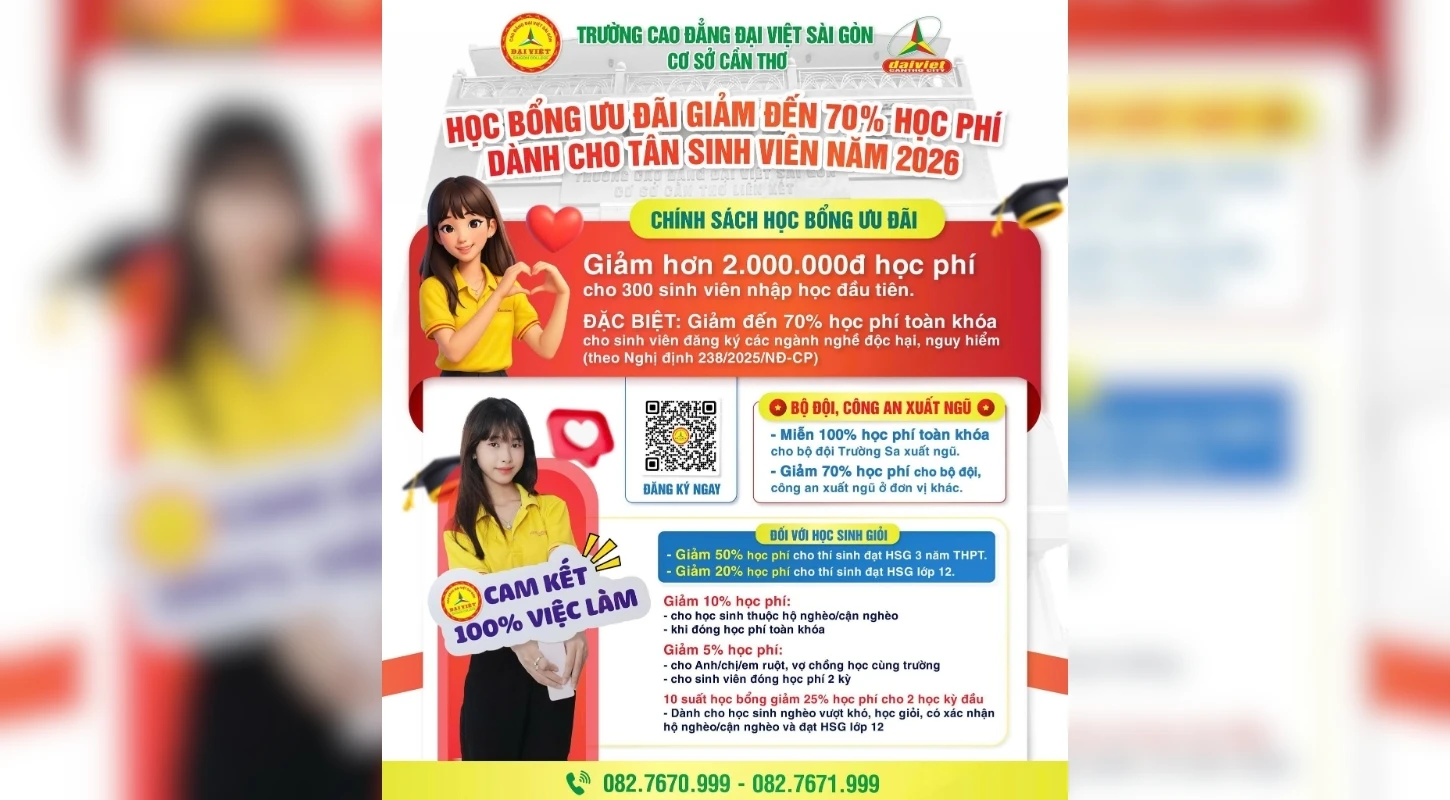 Học Bổng Ưu Đãi Giảm Đến 70% Học Phí Dành Cho Tân Sinh Viên Đại Việt Cần Thơ Năm 2026