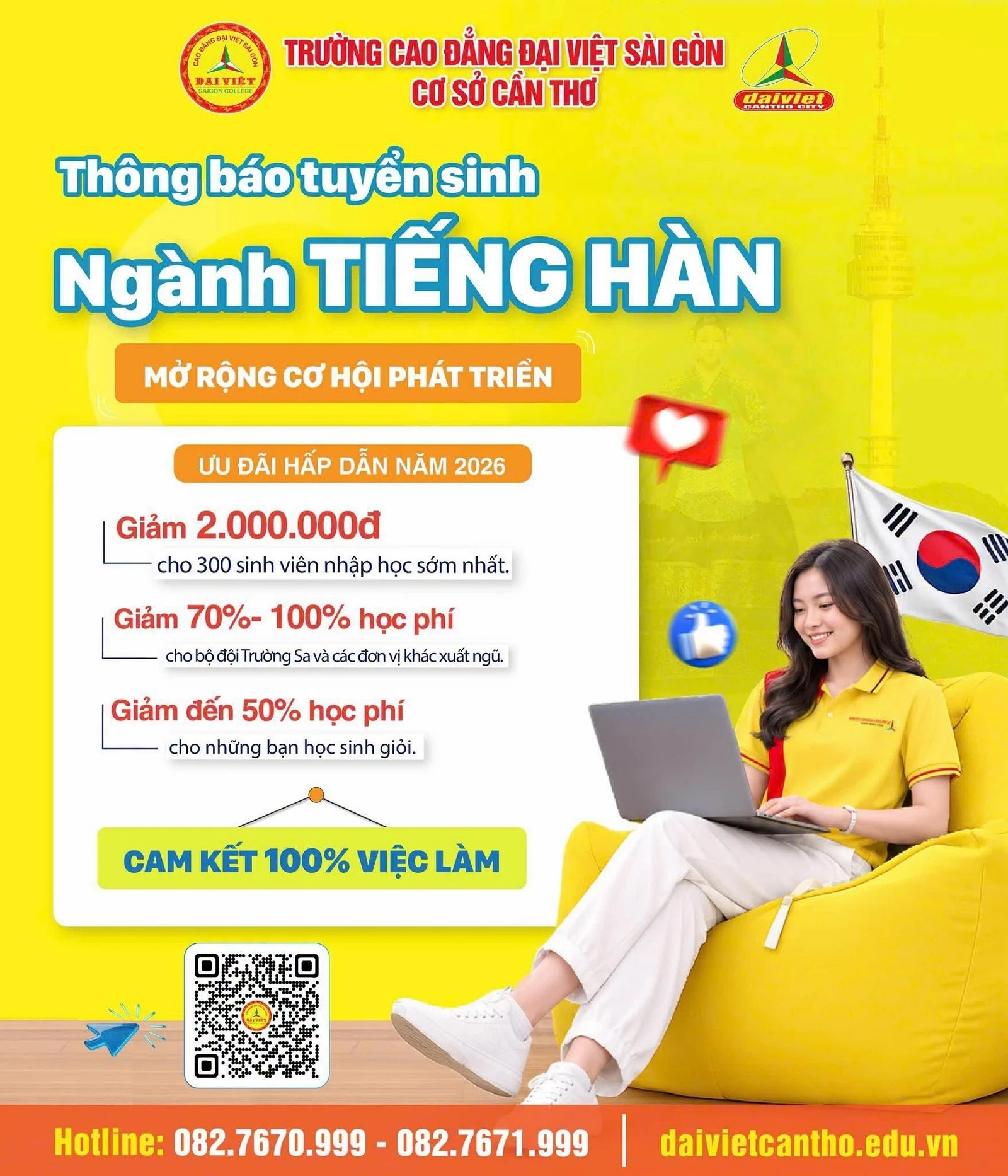 ĐẠI VIỆT CẦN THƠ THÔNG BÁO TUYỂN SINH NGÀNH TIẾNG HÀN HỆ CHÍNH QUY NĂM 2026