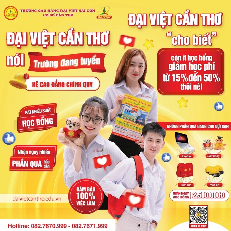 Đại Việt Tp Cần Thơ: Còn Ít Học Bổng Giảm Học Phí 15% - 50% Cho Sinh Viên