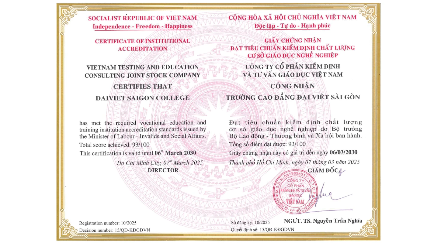 Đại Việt Sài Gòn Đạt Chuẩn Kiểm Định Chất Lượng Giáo Dục Nghề Nghiệp