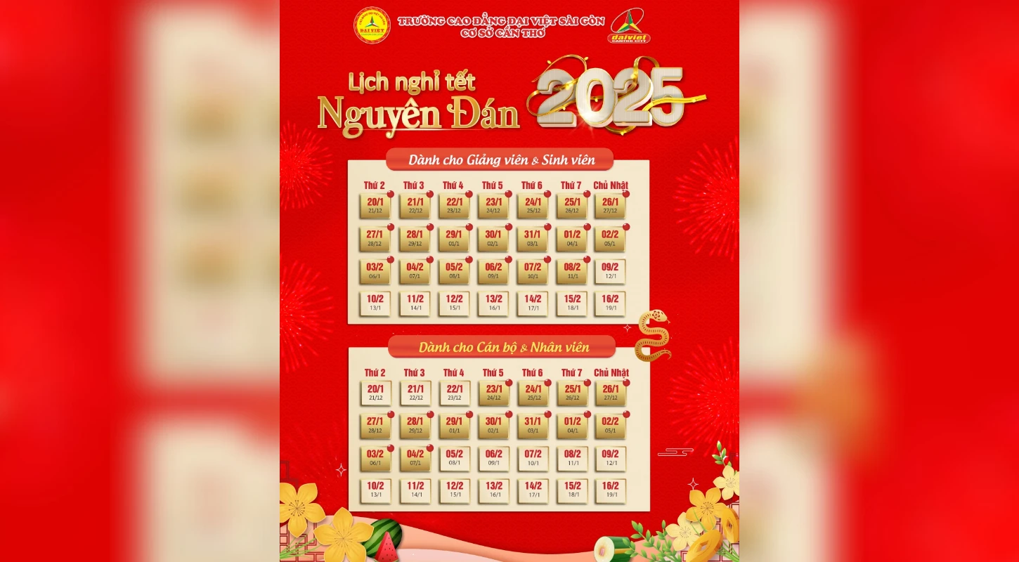 Thông Báo Lịch Nghỉ Tết Ất Tỵ 2025 – Trường Cao Đẳng Đại Việt Tp Cần Thơ