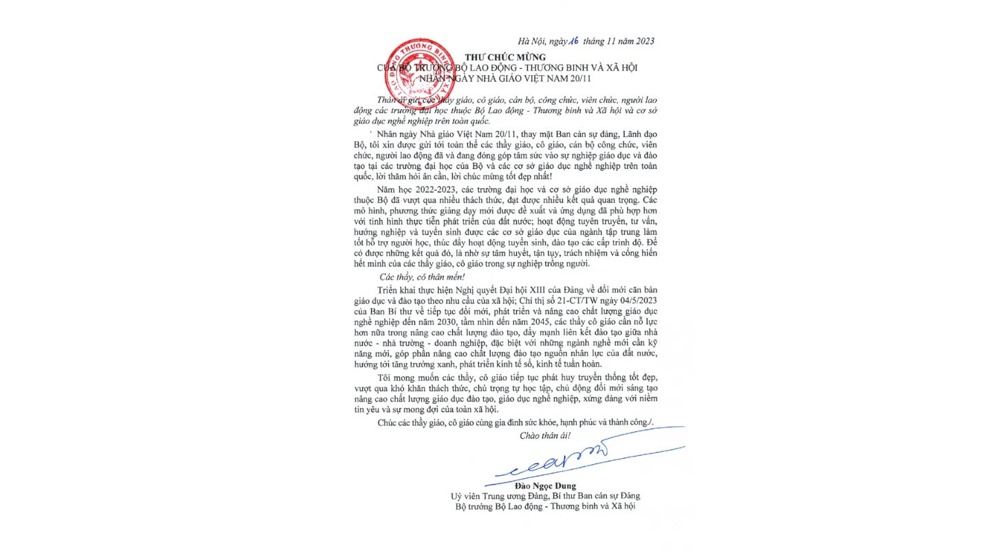 Thư Chúc Mừng Của Bộ Trưởng Bộ Lao Động - Thương Binh Và Xã Hội Nhân Ngày 20/11