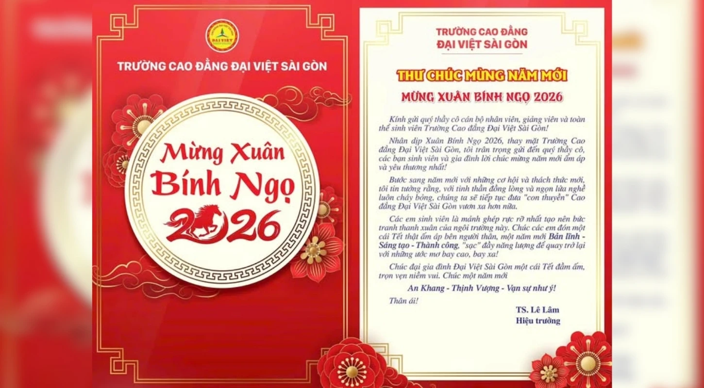Thư Chúc Mừng Năm Mới 2026 – Trường Cao Đẳng Đại Việt Sài Gòn Cơ Sở Cần Thơ