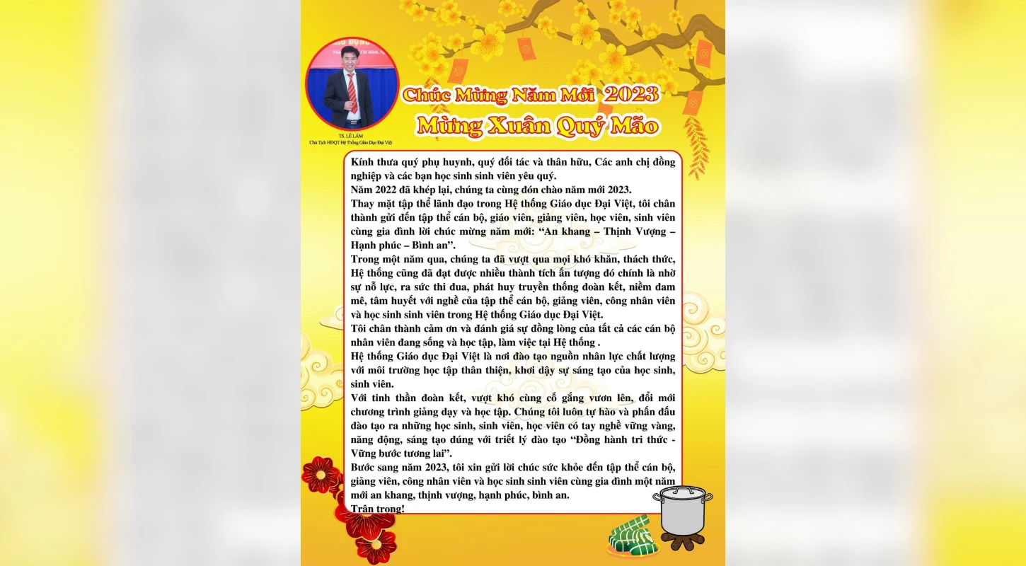 Thư Chúc Tết Của Ts. Lê Lâm - Chủ Tịch Hội Đồng Quản Trị Hệ Thống Giáo Dục Đại Việt