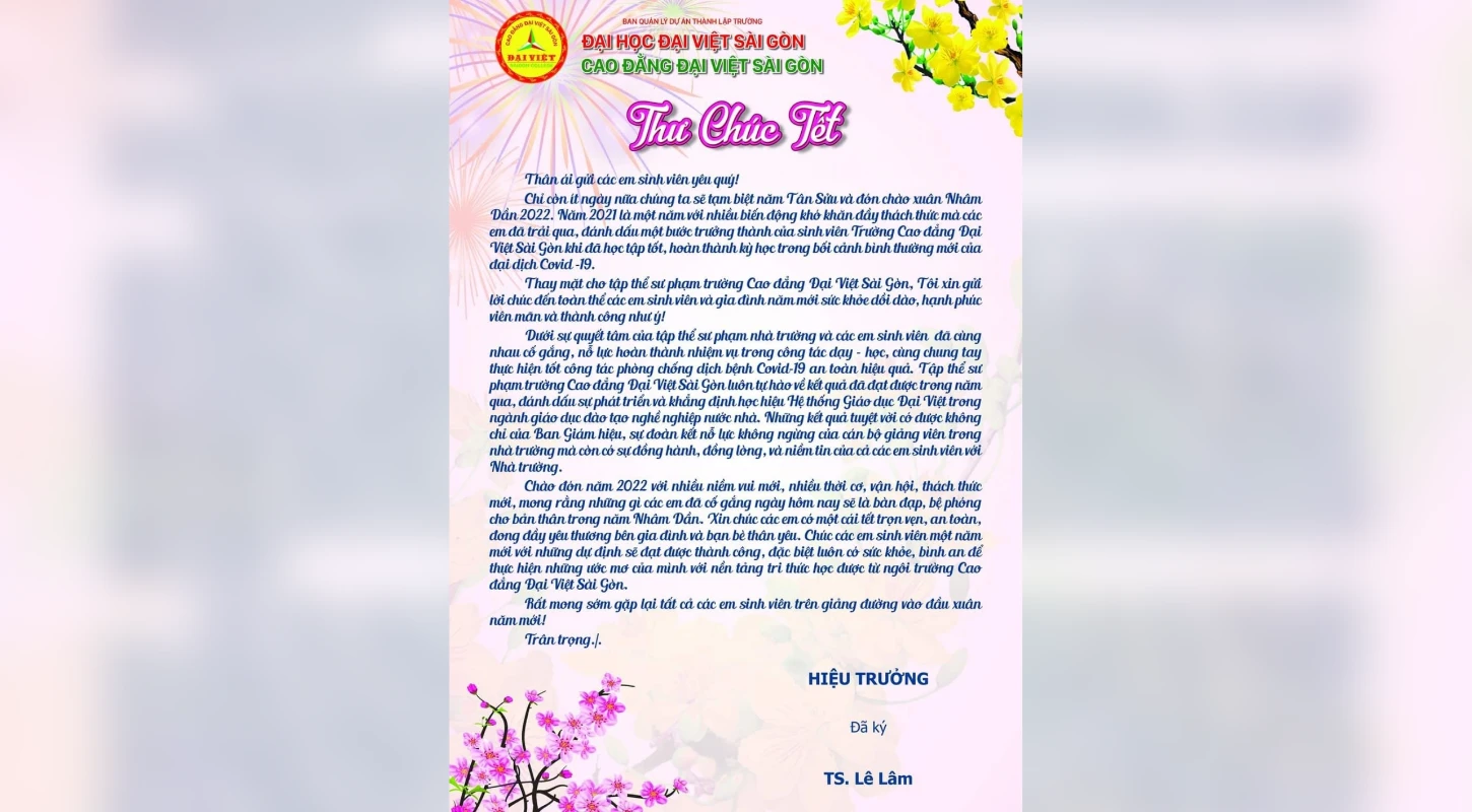 Thư Chúc Tết Từ Tiến Sĩ Lê Lâm – Chủ Tịch Hđqt, Hiệu Trưởng Trường Cao Đẳng Đại Việt Sài Gòn
