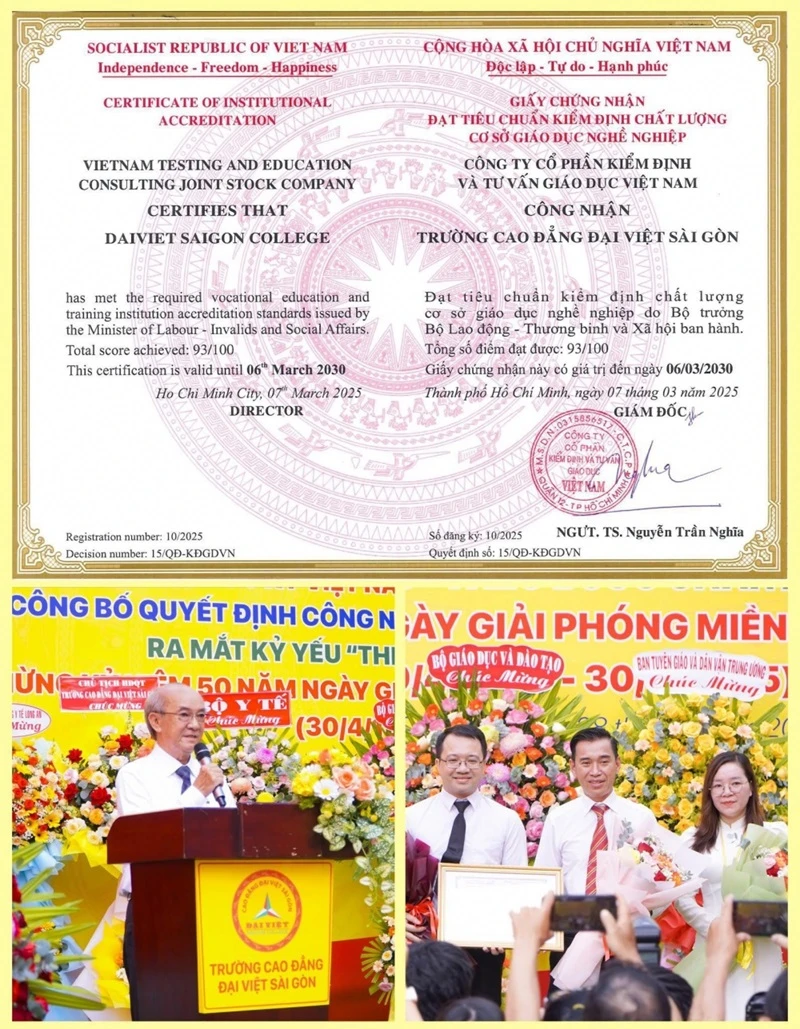 Đại Việt Sài Gòn Đạt Chuẩn Kiểm Định Chất Lượng Giáo Dục Nghề Nghiệp