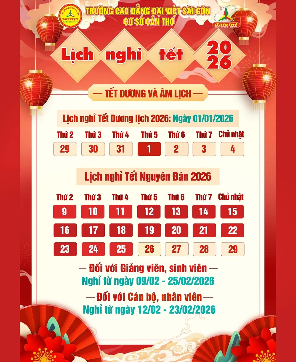 THÔNG BÁO LỊCH NGHỈ TẾT 2026