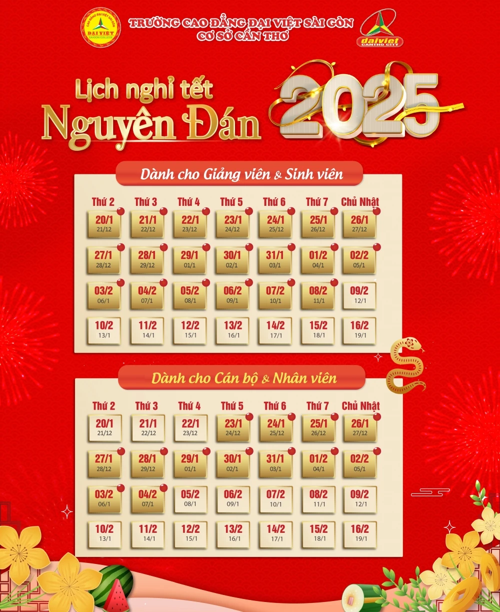 Thông báo lịch nghỉ Tết Ất Tỵ 2025 – Trường Cao đẳng Đại Việt TP Cần Thơ