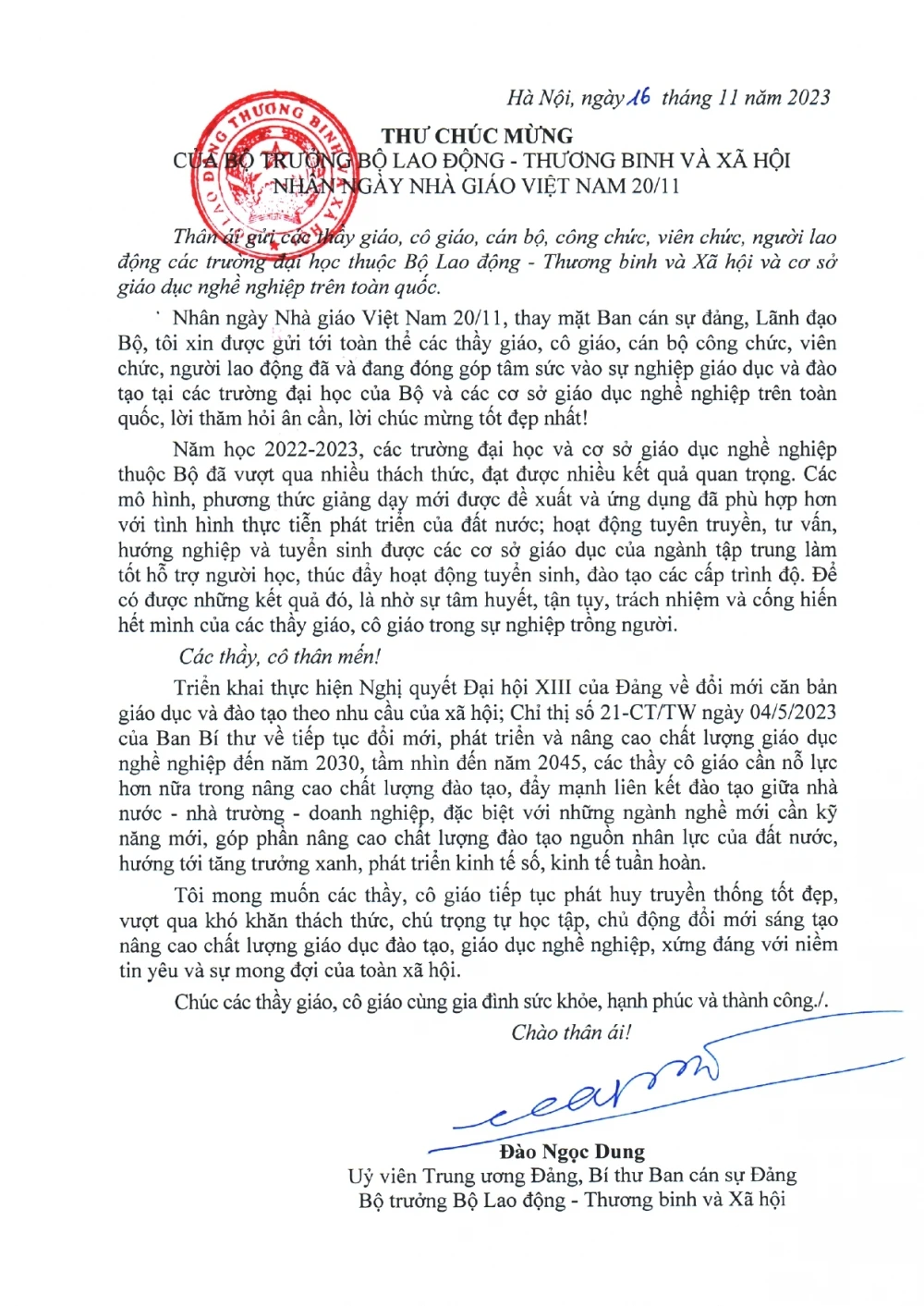 Thư Chúc Mừng Của Bộ Trưởng Bộ Lao Động - Thương Binh Và Xã Hội Nhân Ngày 20/11