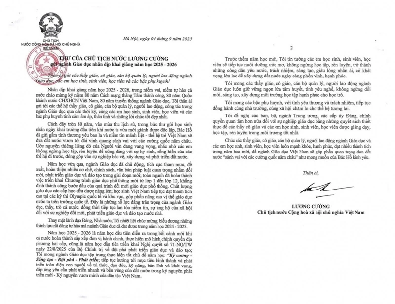 Thư Chúc Mừng Năm Học Mới 2025–2026 Từ Chủ Tịch Nước