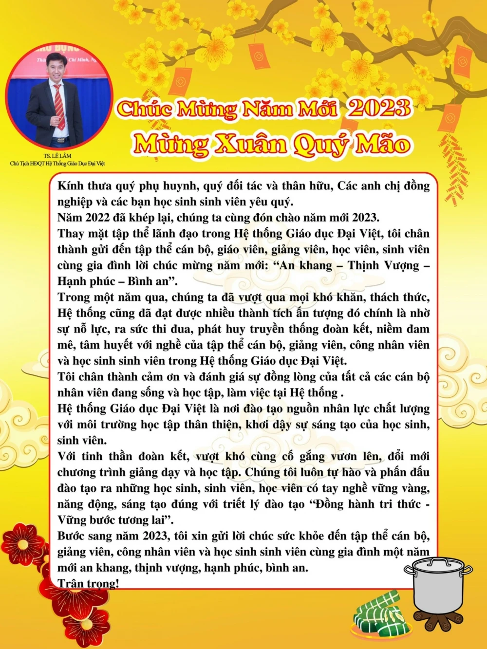 Thư Chúc Tết Của Ts. Lê Lâm - Chủ Tịch Hội Đồng Quản Trị Hệ Thống Giáo Dục Đại Việt