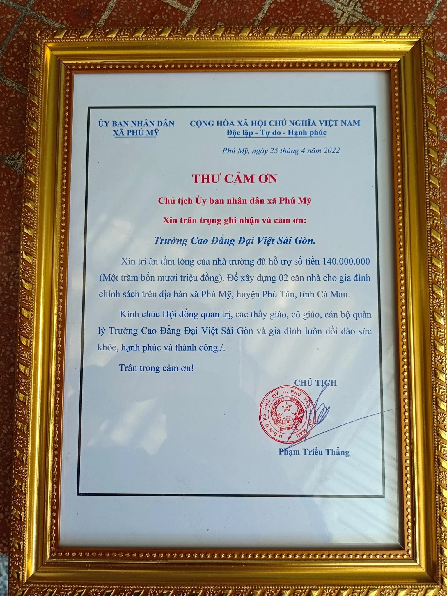 Cao Đẳng Đại Việt Sài Gòn Cơ Sở Cần Thơ trao nhà tình nghĩa tại xã Phú Mỹ, Cà Mau