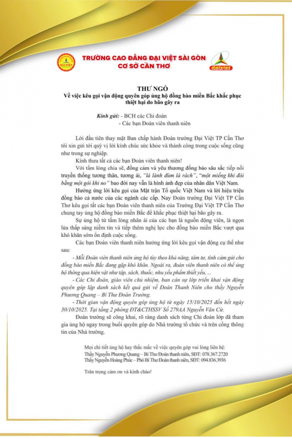 Chung Tay Hướng Về Miền Bắc – Sinh viên Đại Việt Cần Thơ hành động vì cộng đồng