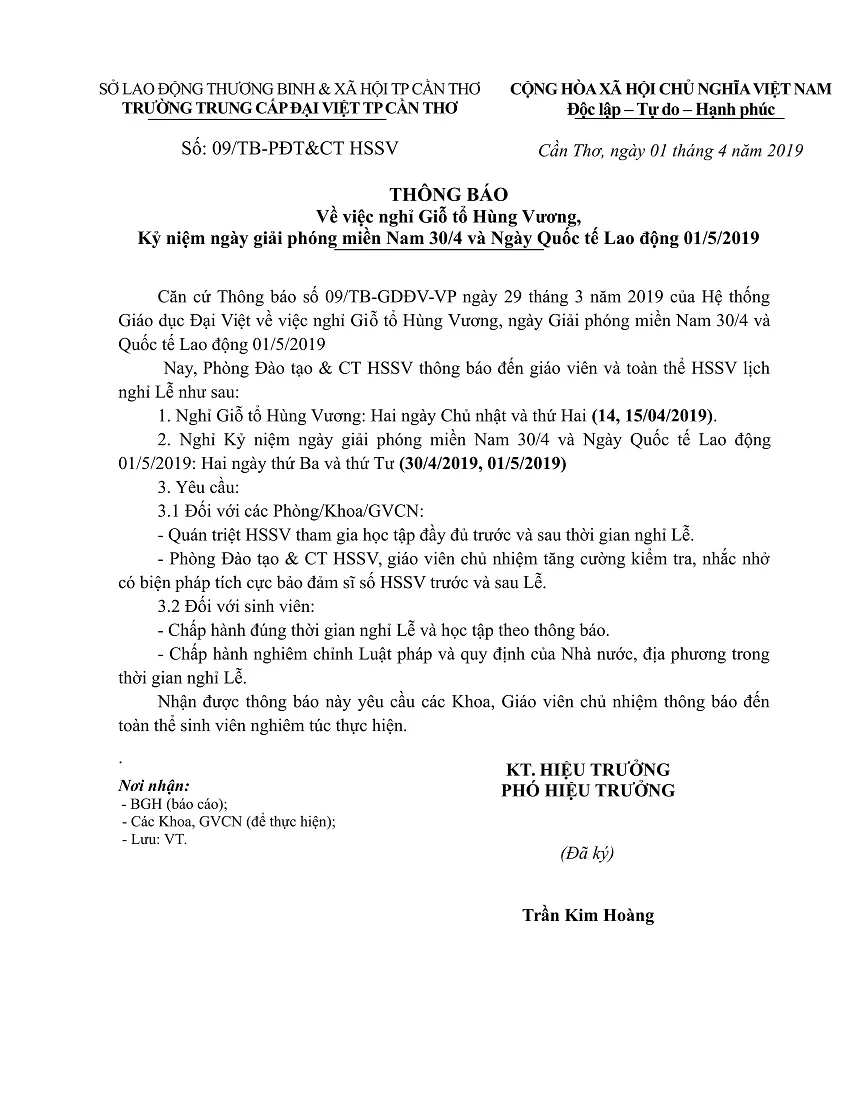 Thông báo nghỉ lễ Giỗ Tổ Hùng Vương & 30/4 – 1/5 2019