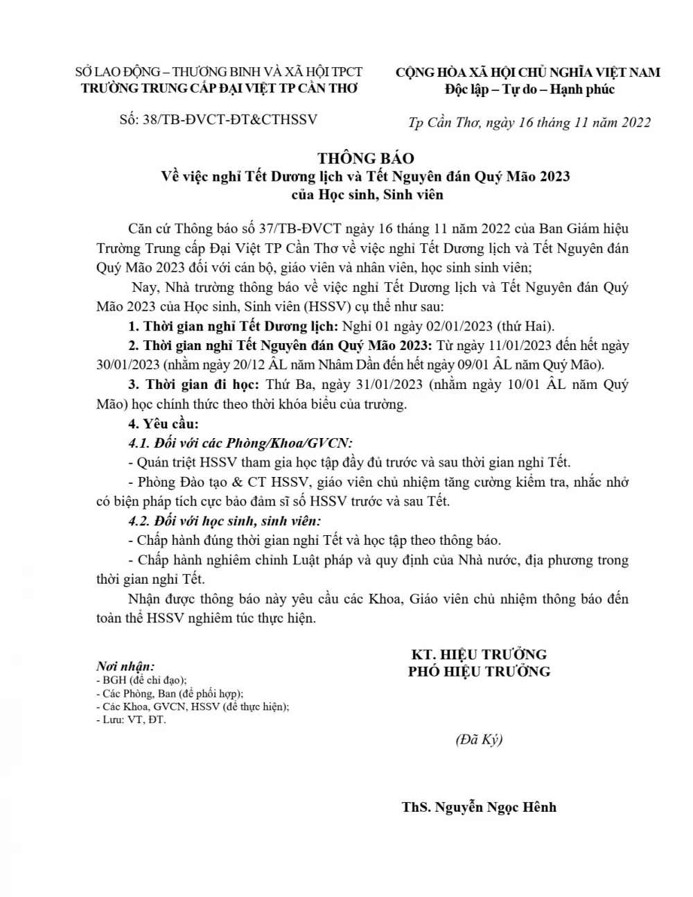 Thông Báo Nghỉ Tết Dương Lịch & Tết Nguyên Đán Quý Mão 2023 – Trường Trung Cấp Đại Việt Cần Thơ
