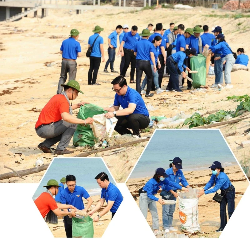 Lực lượng thanh niên tình nguyện tham gia dọn rác thải trên đảo Bạch Long Vỹ.