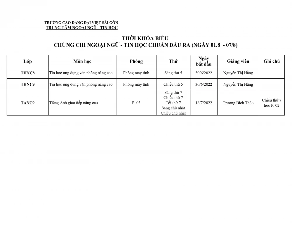 Thời Khóa Biểu Chứng Chỉ Ngoại Ngữ – Tin Học Chuẩn Đầu Ra (01 - 07/08/2022)