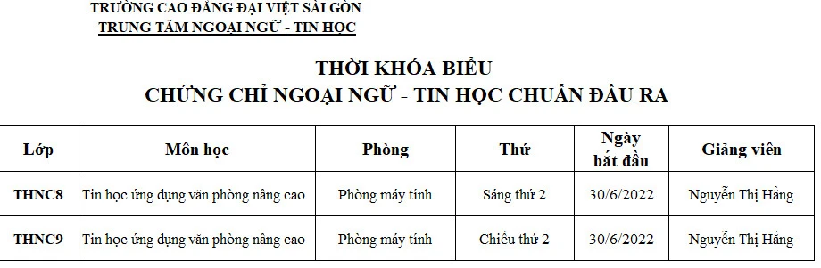 Thời Khóa Biểu Chứng Chỉ Ngoại Ngữ – Tin Học Chuẩn Đầu Ra (08 - 13/08/2022)