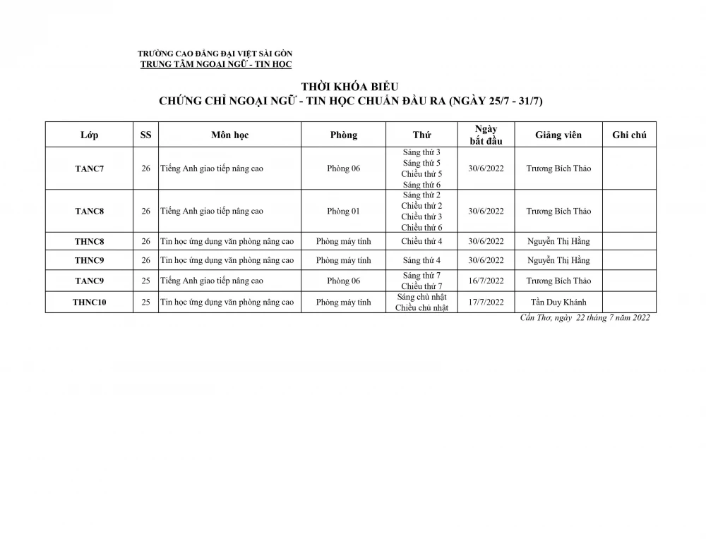Thời Khóa Biểu Chứng Chỉ Ngoại Ngữ – Tin Học Chuẩn Đầu Ra (25/7 – 31/7/2022)